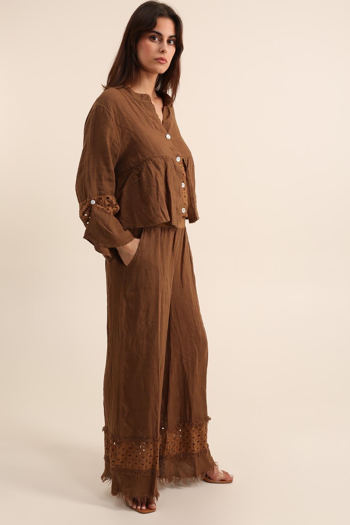 Pantalon Large pour femme avec Finition Ajourée - 100% Lin
