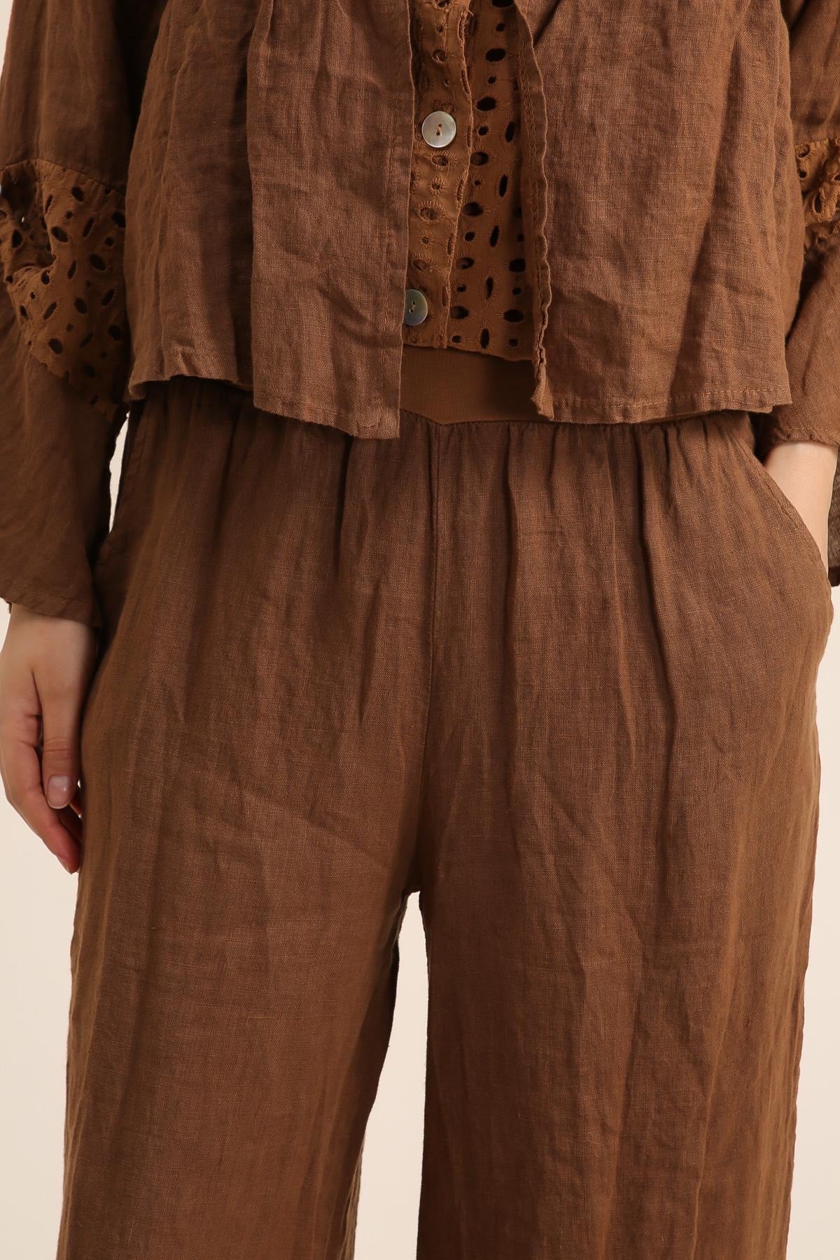 Pantalon Large pour femme avec Finition Ajourée - 100% Lin