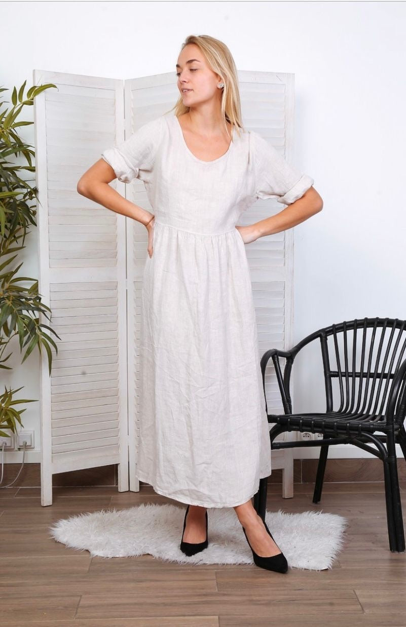 Robe longue col en V - 100% Lin