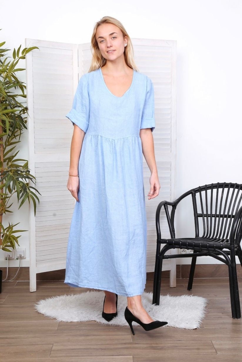 Robe longue col en V - 100% Lin