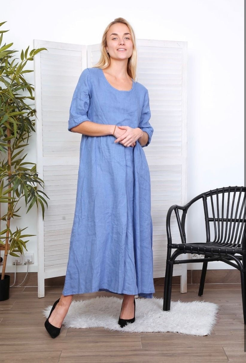 Robe longue col en V - 100% Lin