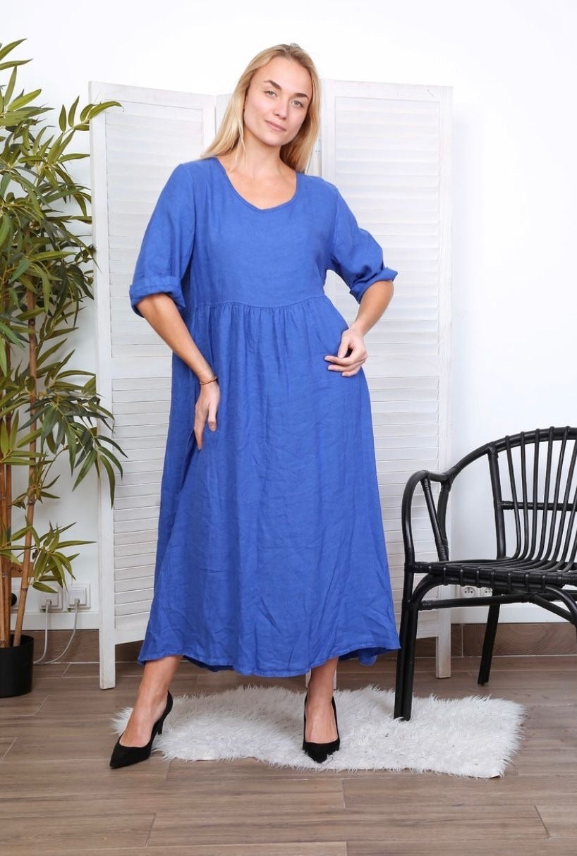 Robe longue col en V - 100% Lin