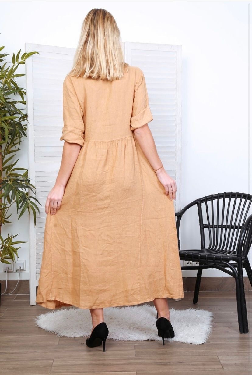 Robe longue col en V - 100% Lin