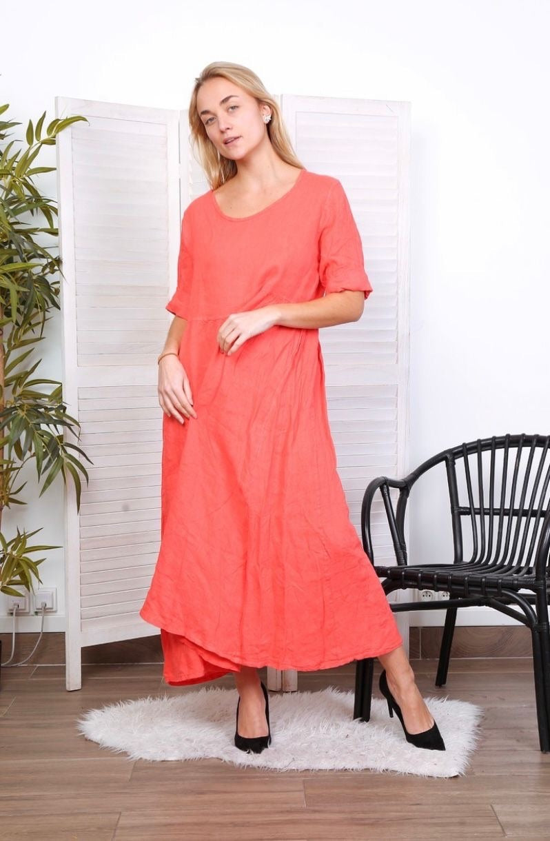 Robe longue col en V - 100% Lin