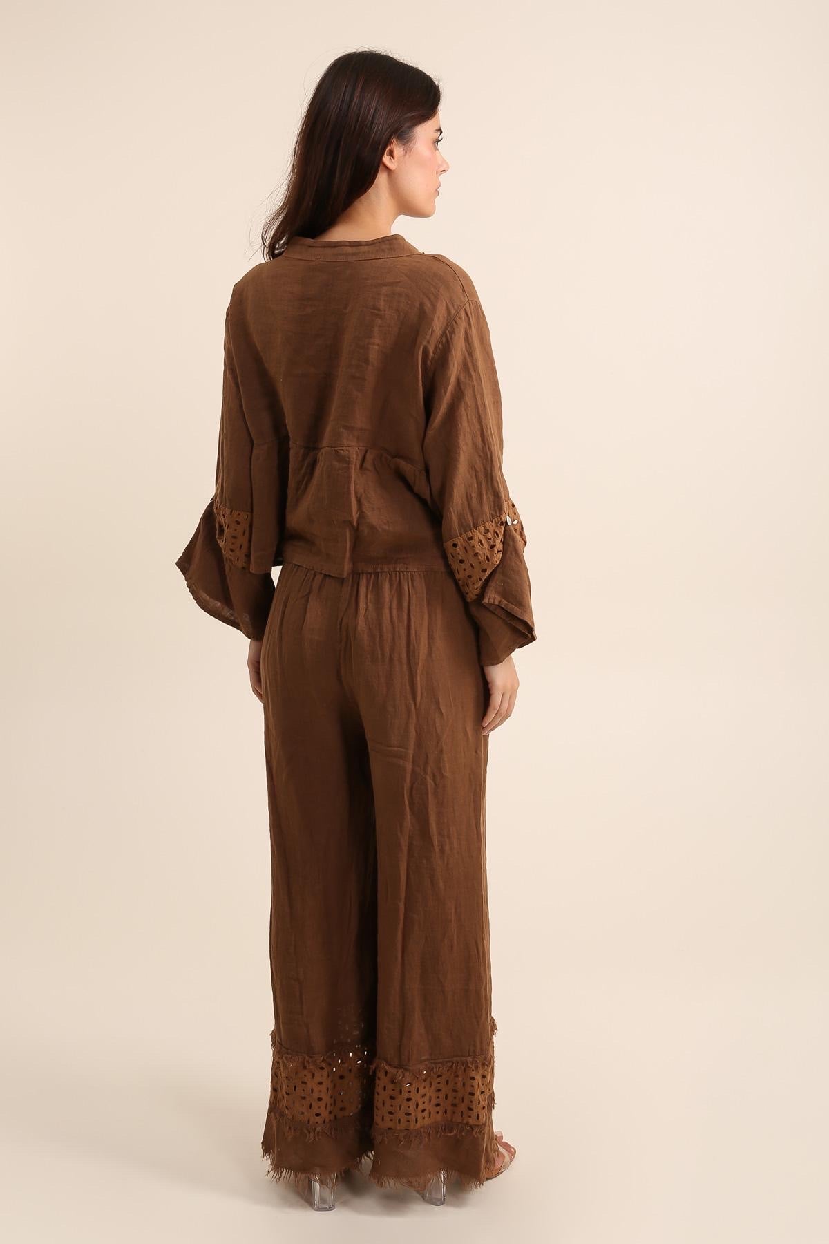 Pantalon Large pour femme avec Finition Ajourée - 100% Lin