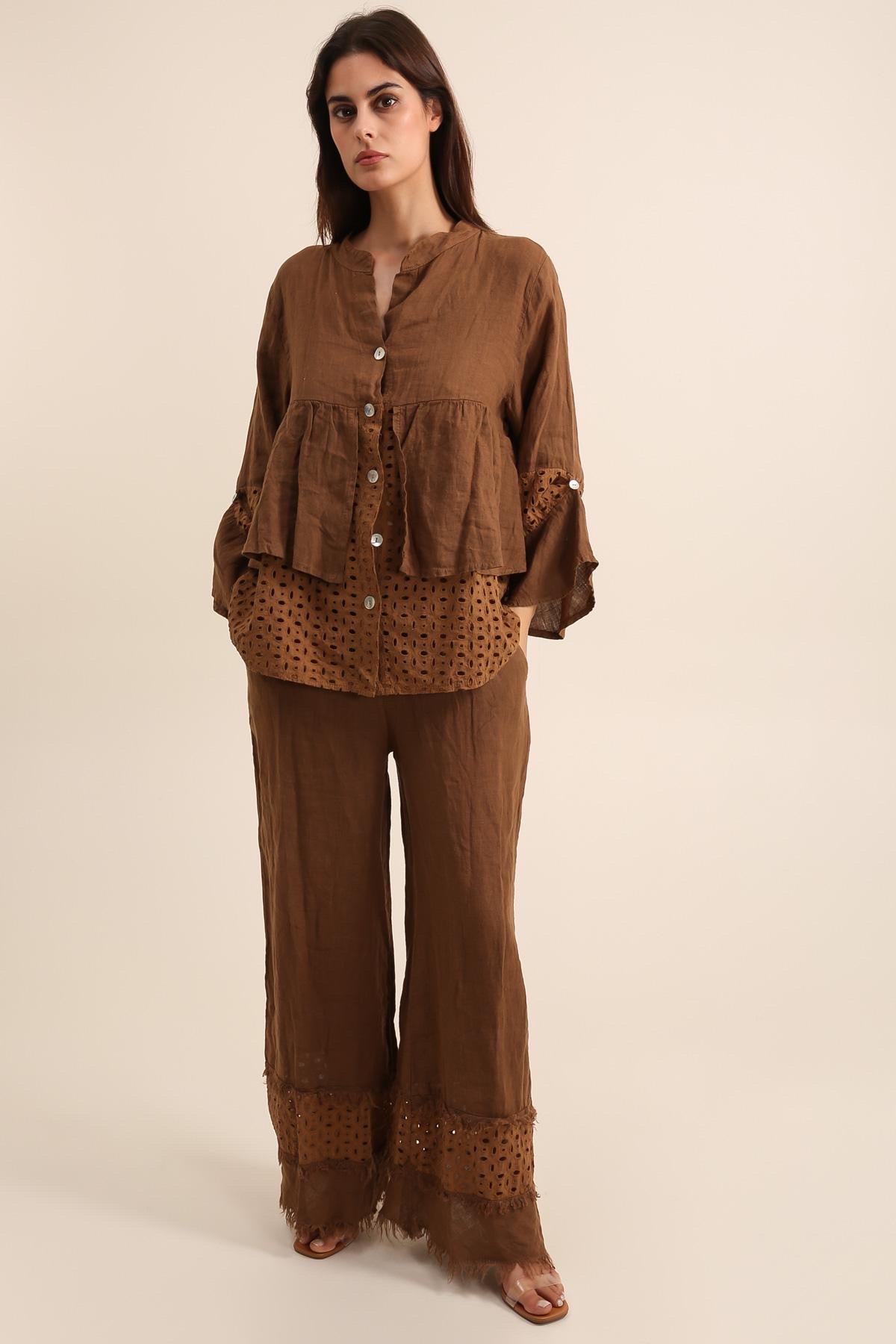 Pantalon Large pour femme avec Finition Ajourée - 100% Lin
