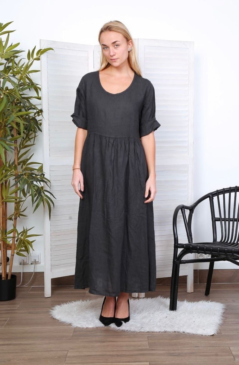 Robe longue col en V - 100% Lin