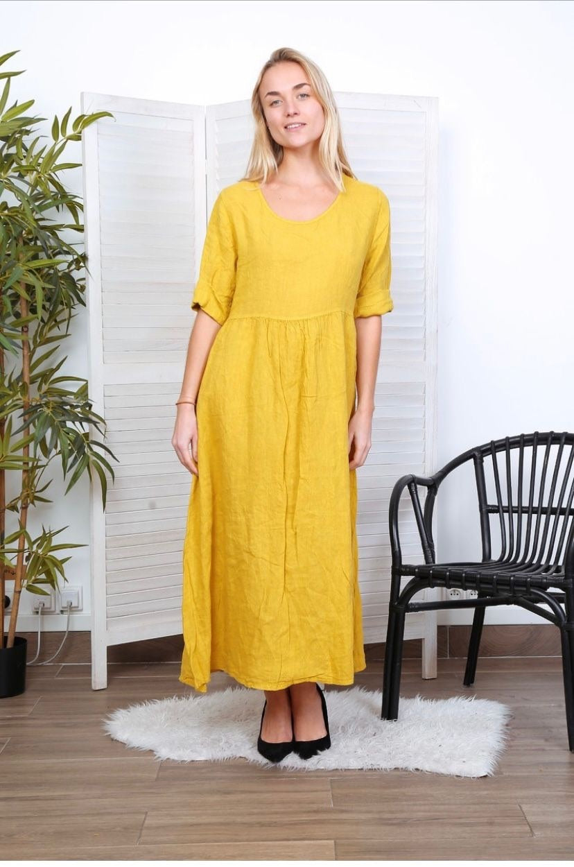 Robe longue col en V - 100% Lin