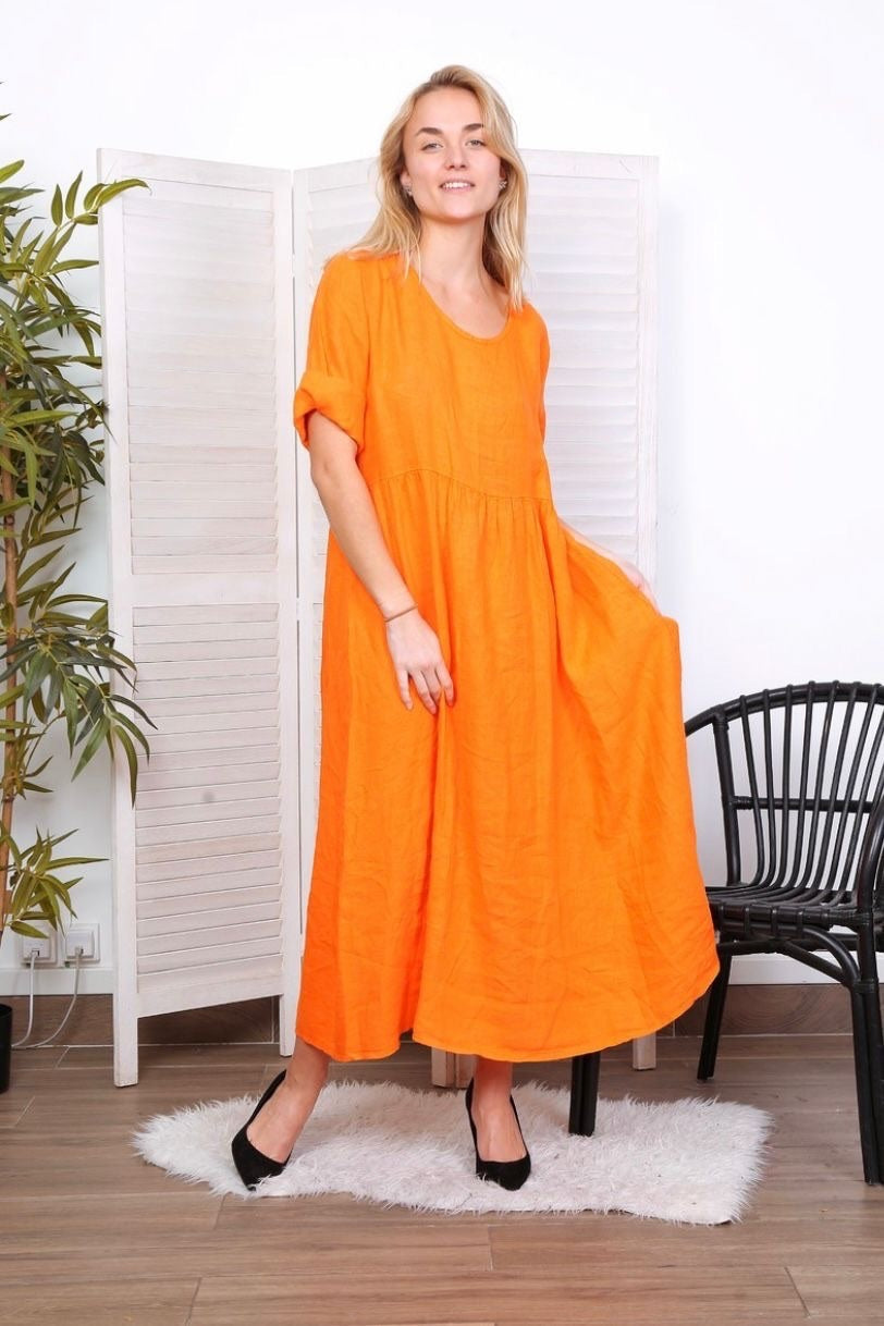 Robe longue col en V - 100% Lin