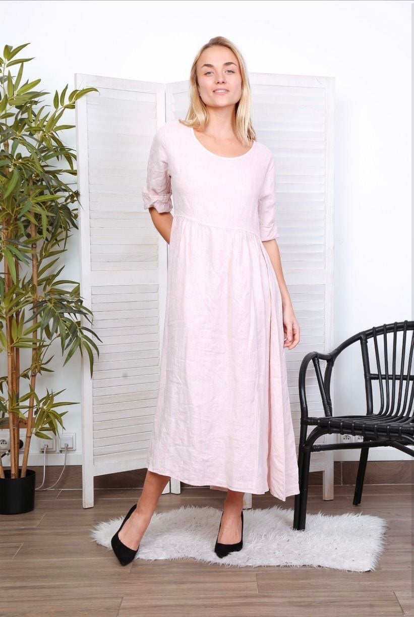 Robe longue col en V - 100% Lin