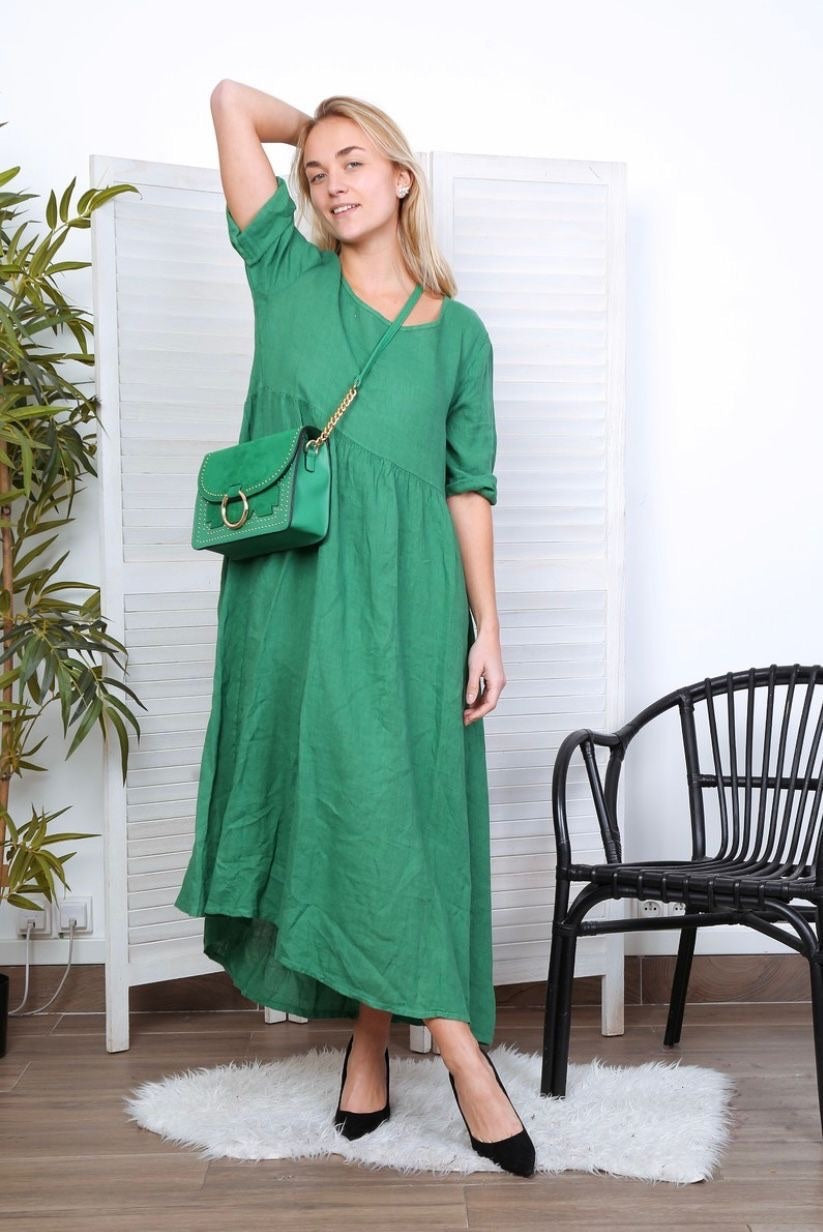 Robe longue col en V - 100% Lin