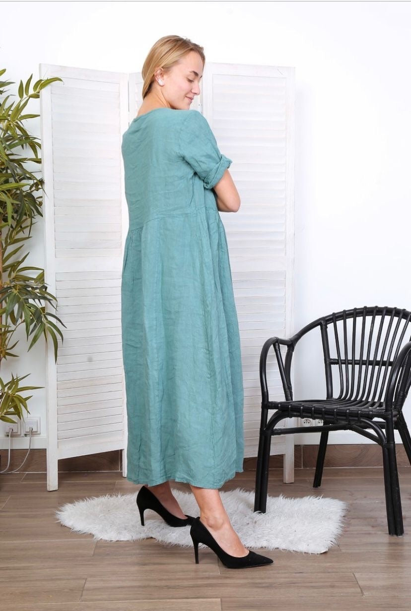 Robe longue col en V - 100% Lin